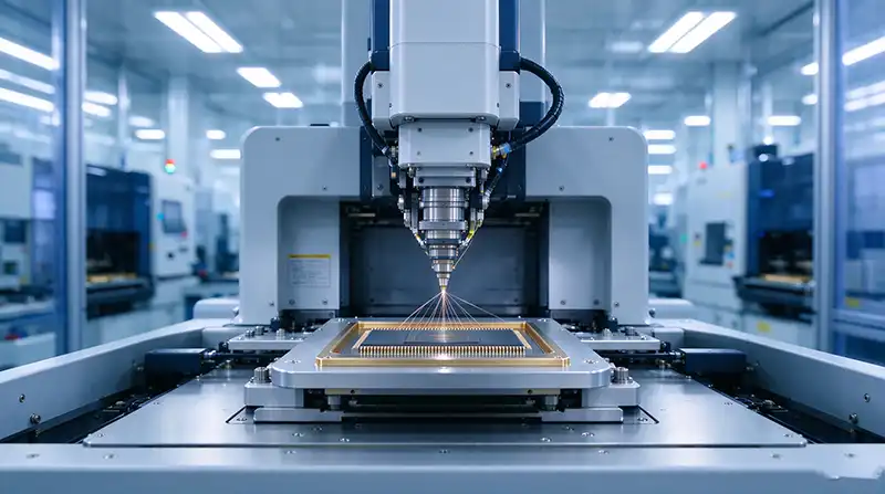 Automatic wire bonder in semiconductor cleanroom Automatic wire bonder in semiconductor cleanroom