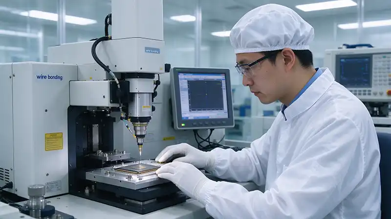 Technician inspecting refurbished wire bonder Technician inspecting refurbished wire bonder