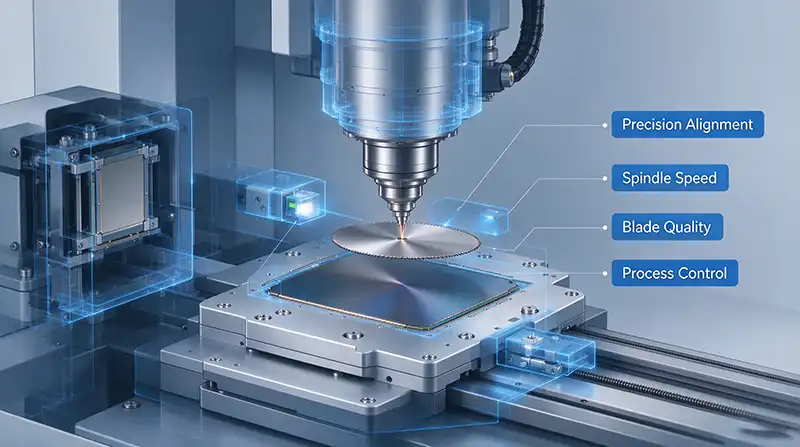 Close-up of automatic dicing saw precision components